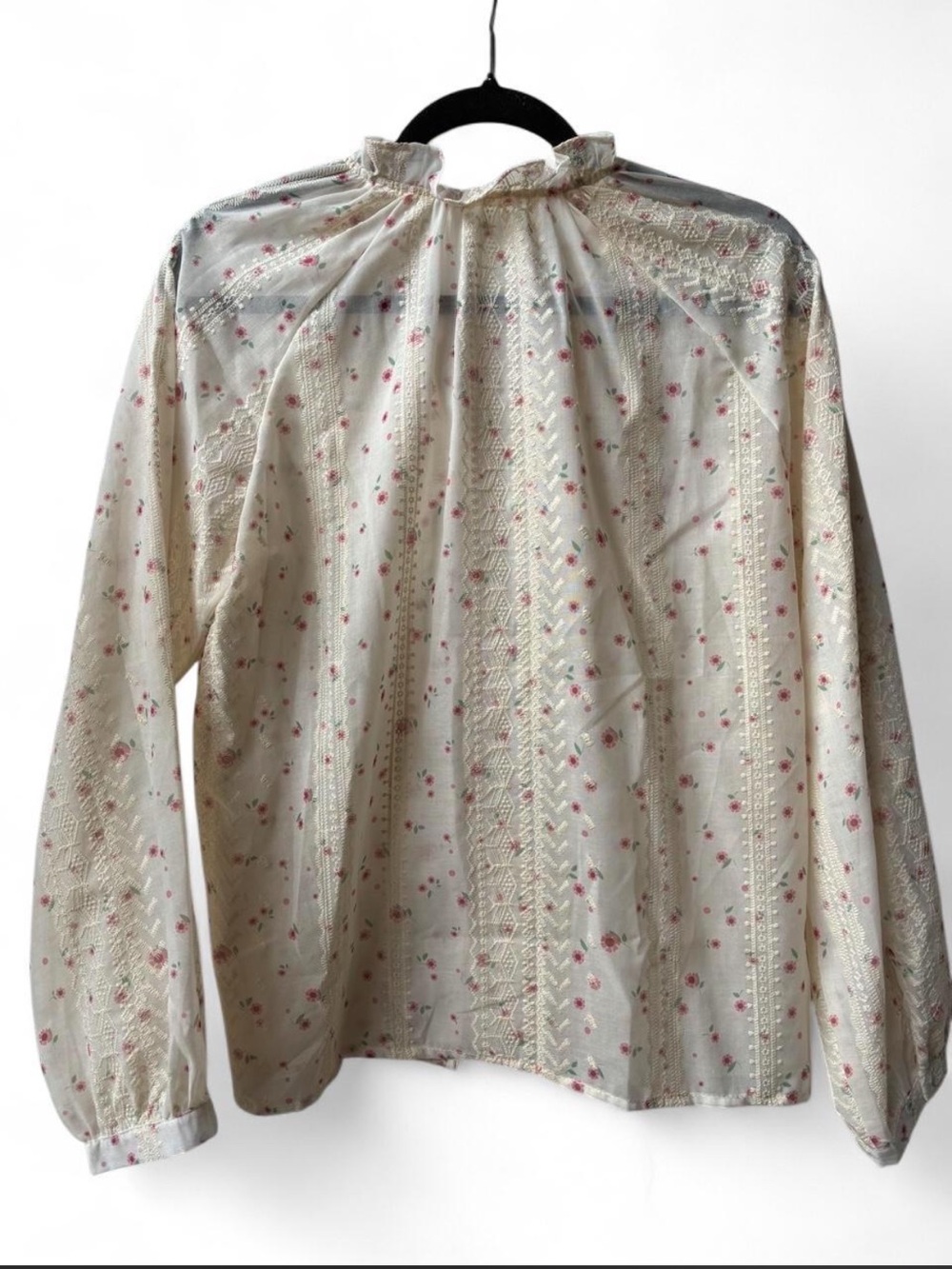 Cottagecore Cream Floral Ruffle mock Neck sheer lace Blouse L prairie peasant